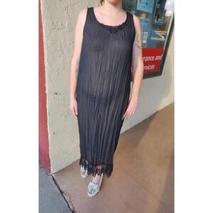 Vintage 90s Basement Black Crinkle Maxi Dress Lace Trim Sleeveless USA Made